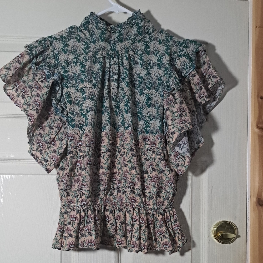 Elegant Floral Ruffle Blouse - Green and Pink